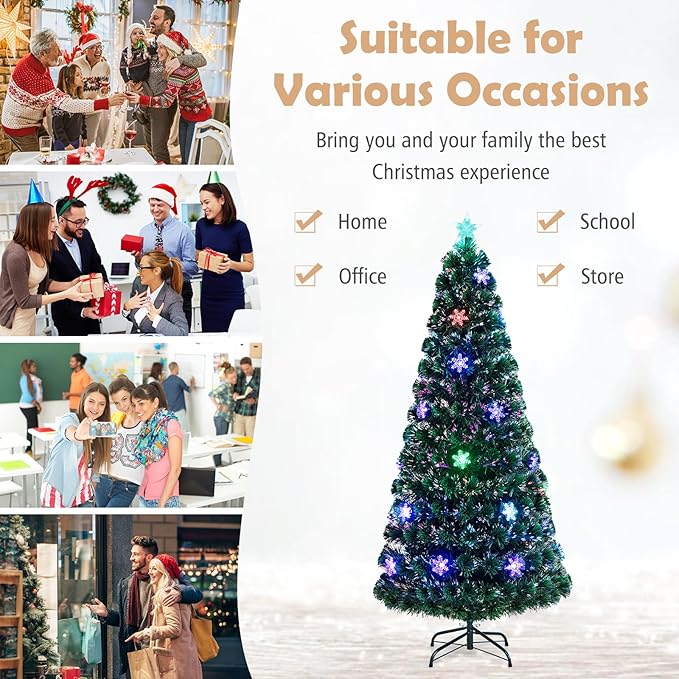 Goplus 6ft Pre-Lit Fiber Optic Christmas Tree, Artificial Xmas Full Tree with Colorful Snowflake LED Lights, 220 Branch Tips, Foldable Metal Base, for Office Home Holiday Decor