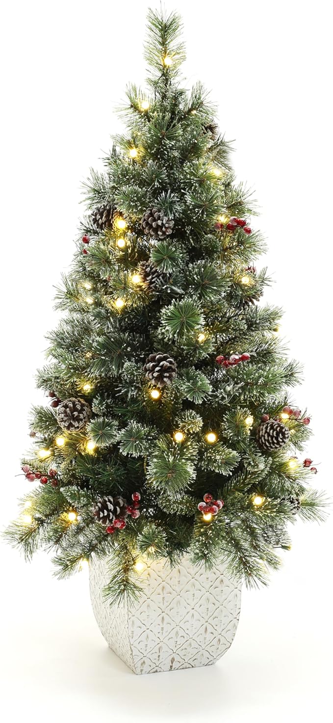 LuxenHome 4FT Christmas Tree, Small Christmas Tree with Lights, Berries and Pine Cones, Potted Christmas Trees with 70 LED Lights, Prelit Xmas Tree for Indoor and Outdoor Use