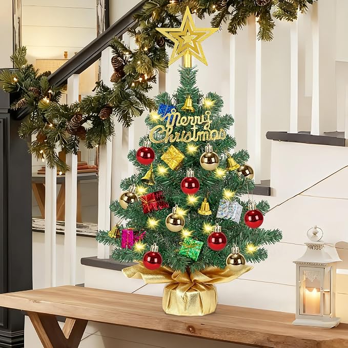 [ Timer & 8 Modes] 24 Inch Realistic Tabletop Christmas Tree with 50 Warm White Lights Star Treetop and Ornaments Small Small Artificial Christmas Tree for Indoor Home Table Christmas Decorations