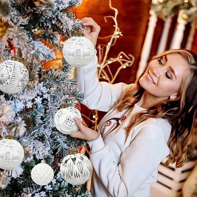 Christmas Ball Ornaments Set, 12ct 80mm Elegant White and Silver Assorted Xmas Tree Ball Ornaments, Shatterproof Christmas Tree Hanging Ornaments for Xmas Decoration
