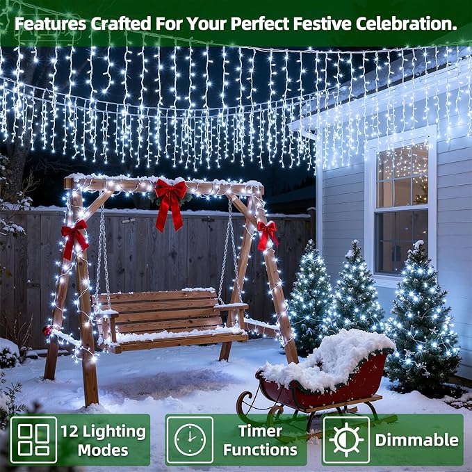 810 LED Christmas Lights with 180 Drops, 82ft 12 Modes Cool White Fairy String Lights with Timer Dimmable, Waterproof Twinkle Lights for Indoor Outdoor Holiday Wedding Party Eaves Christmas Decor