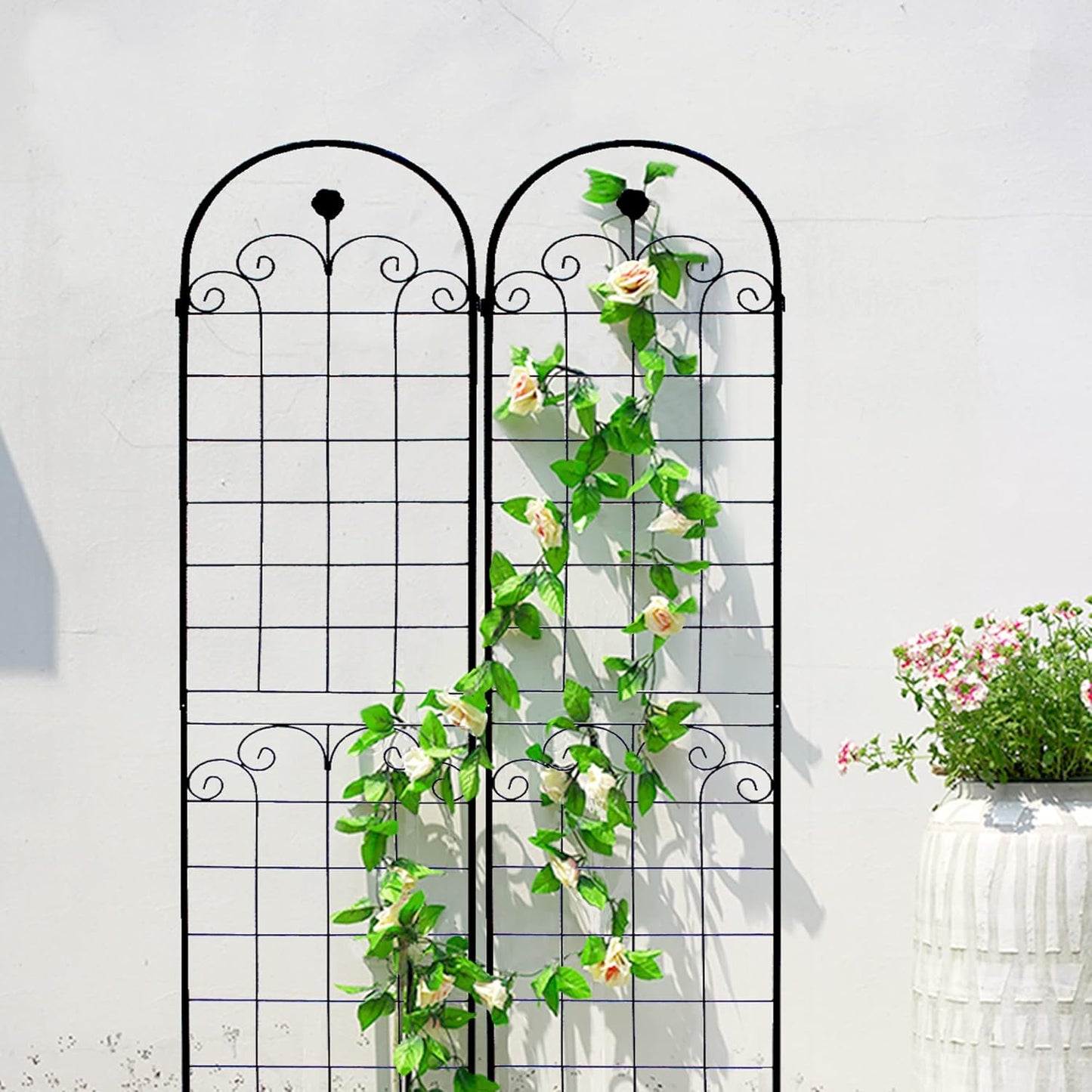 2 Pack Metal Garden Trellis for Climbing Plants, 86.7" Tall Rustproof Outdoor Trellis Panel w/Curly Grass Design, Decorative Black Iron Plant Support for Vine, Rose, Flower, Garden Wall