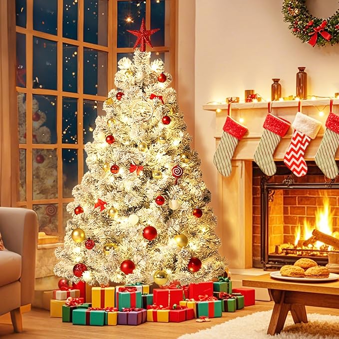 6Ft Pre-Lit Artificial Christmas Tree, Premium Hinged Design,Snow Flocked Full Prelighted Xmas Tree,Foldable Metal Stand, Party Decoration for Xmas Holiday, Green & White