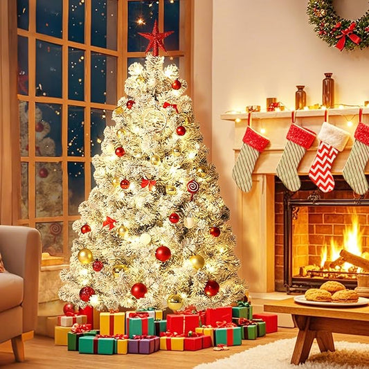 6Ft Pre-Lit Artificial Christmas Tree, Premium Hinged Design,Snow Flocked Full Prelighted Xmas Tree,Foldable Metal Stand, Party Decoration for Xmas Holiday, Green & White