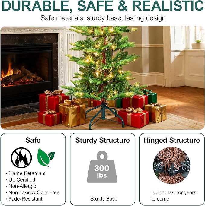 4FT Prelit Artificial Christmas Tree, Premium Douglas Fir Christmas Tree with 100 Warm White Lights & 298 Branch Tips, PE & PVC Pre Lit Hinged Xmas Trees with Metal Base for Party, Holiday Decoration