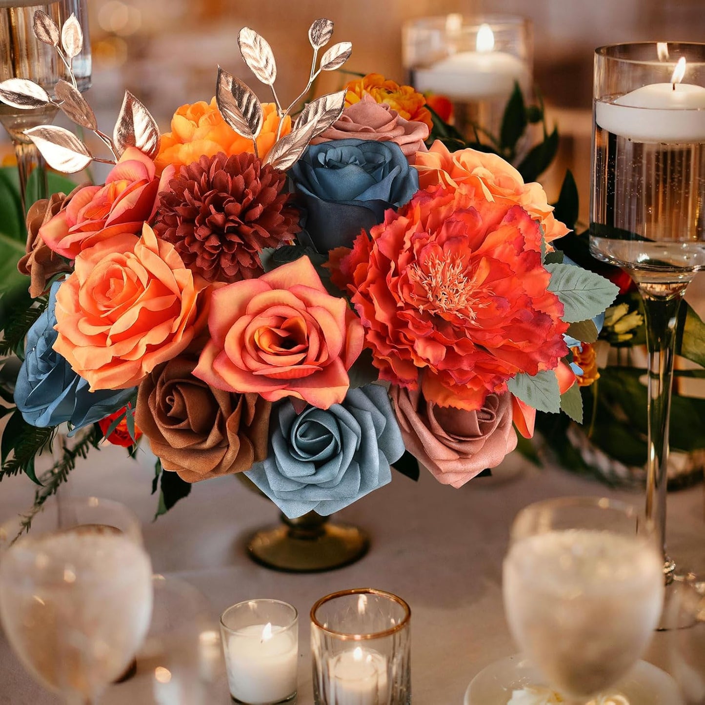 AGIRL Artificial Flowers Combo Silk Mix Purple Fake Flower with Stems for DIY Wedding Bouquets Centerpieces Arrangements Table Chair Decor Baby Shower Home Decor (Teal Orange)