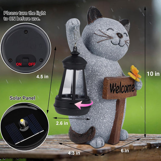 Juegoal Garden Statue Solar Cat Figurine with Lantern, 10" Resin Kitten Outdoor Lawn Porch Yard Art, Lighted Christmas Birthday Gifts for Mom Grandma