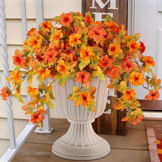 Artificial Fall Flowers Fake Petunias Plants for Outdoor Decoration, 2 Pcs Silk Faux Flowers UV Resistant No Fade Plants for Outside Garden Balcony Yard Porch Realistic Indoor Decor (Orange)