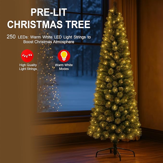 6ft Pencil Christmas Tree with Lights – Pre-Lit Slim Christmas Tree with 250 Warm White LEDs, 299 Tips Brockton Cashmere Pine, Hinged Branches, Slim Tree for Small Spaces