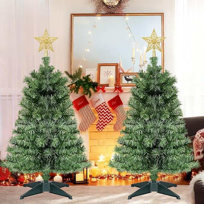 2 Pack 3 Ft Artificial Christmas Tree for Tabletop, Mini Xmas Tree with 4-Leg Stable Base for Indoor Outdoor Holiday Home Party Christmas Decorations (Green)