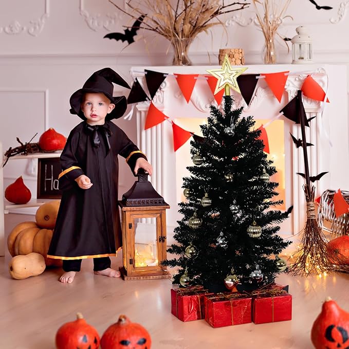 Sunshine Black Christmas Tree with Light 3ft Artifical Full Christmas Tree with Ball & Star Ornaments 8 Lighting Modes for Holiday Decor