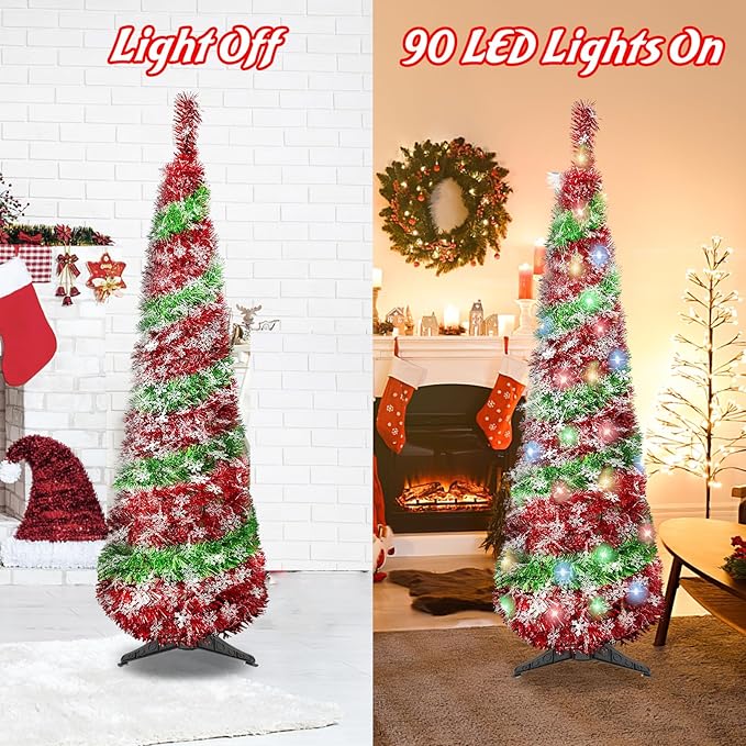 5FT Christmas Trees with 90 Lights, Collapsible Artificial Sequin Pop Up Christmas Tree, Tinsel Slim Pencil Christmas Tree for Home Holiday Fireplace Party Indoor Outdoor Xmas Decorations