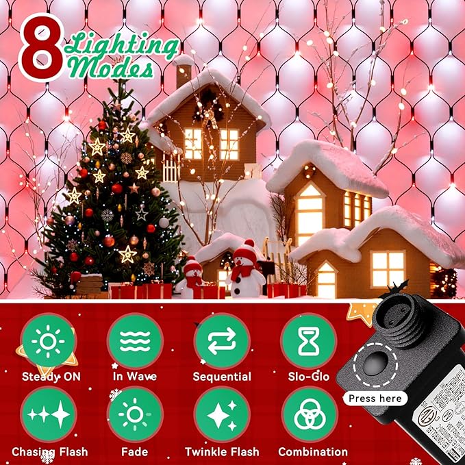 LitHome 14.8FT x 5FT Christmas Net Lights Outdoor, 300 LED Red White Bush Lights with 8 Modes, Connectable Waterproof Net Mesh Light Dark Green Wire for Bushes Shrubs Outdoor Christmas Holiday Decor