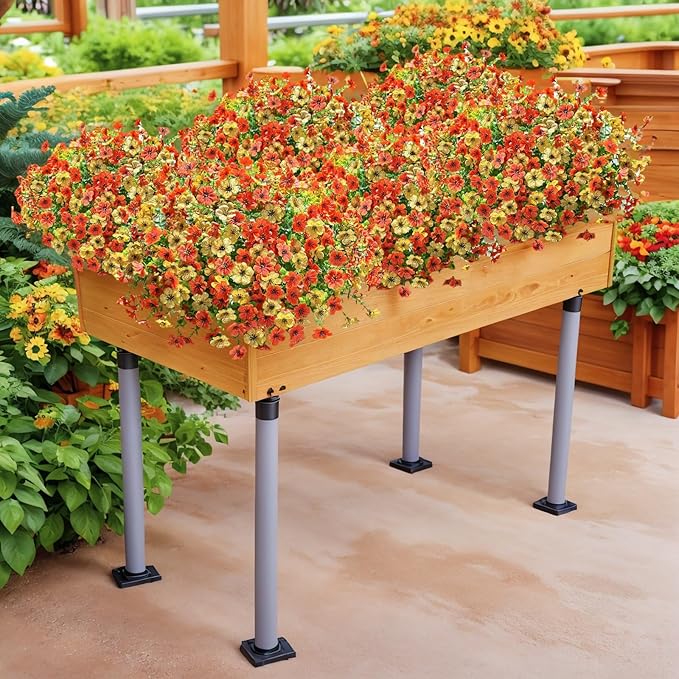 SHIAWASENA Realistic Outdoor Fake Plants Flowers, Artificial Flowers, UV Resistant, 12 Bundles Faux Silk Colorful Violet Flowers Bouquet with Eucalyptus (Yellow & Orange)