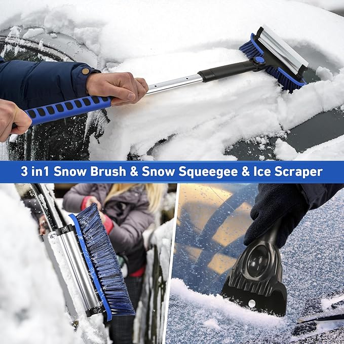 COFIT 42" Car Snow Brush Extendable Handle, 3 in 1 Windshield Ice Scraper and Squeegee, Detachable Snow Removal Tool, Clean Brush Scratch Free for RV Truck SUV Window Roof Exterior Wash Supplies, Blue