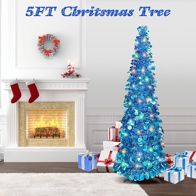 5 FT Pencil Christmas Tree, Collapsible Artificial Sequin Pop Up Christmas Tree, Skinny Pencil Tinsel Christmas Trees, Xmas Tree for Home Apartment Basement Fireplace (Pure Blue)