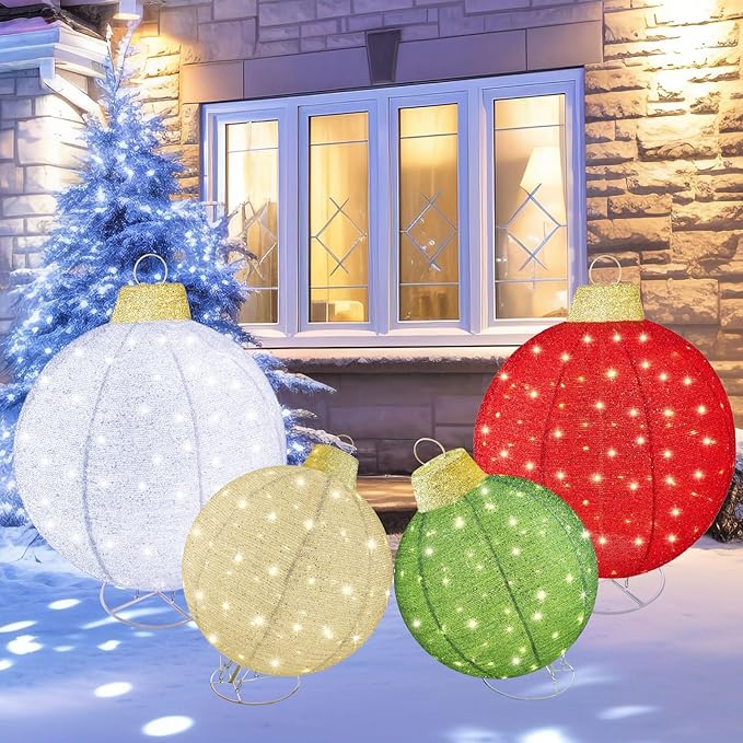 HOYECHI 4-Piece Oversized Christmas Ornament Set – Lighted Holiday Balls with 400 LEDs, 8 Lighting Modes, Waterproof Outdoor Yard Decorations - Red/Green/White/Yellow