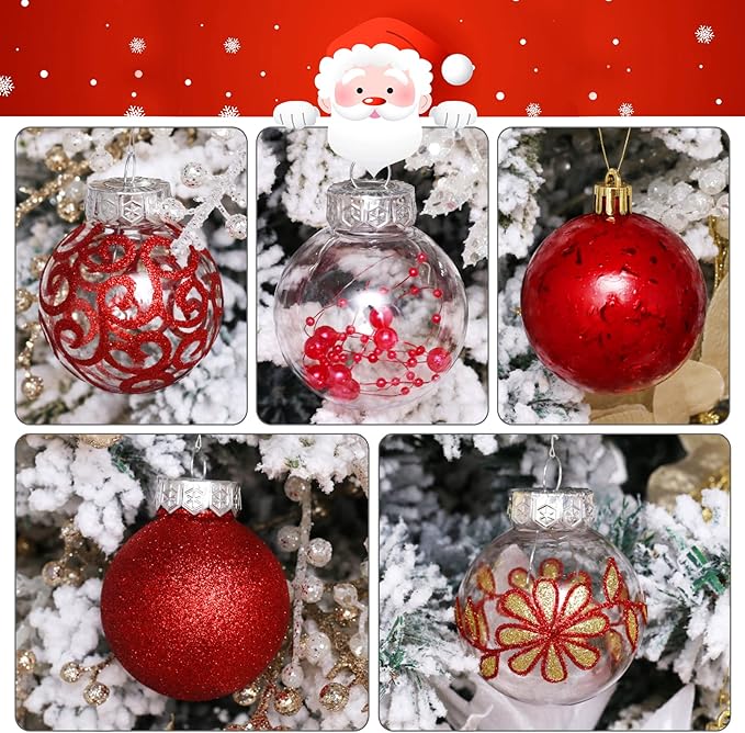 60mm/2.36inch Clear Christmas Ball Ornaments Set, 30 ct Red Christmas Ornaments Balls for Christmas Tree Decorations Shatterproof Transparent Baubles with Delicate Stuffed Decoration for Wedding Party