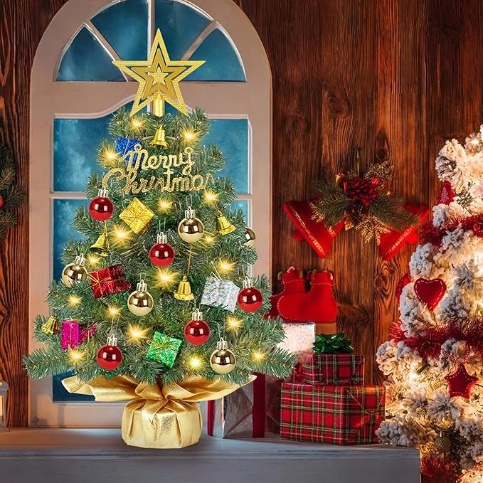 24 Inch Realistic Tabletop Christmas Tree Small Christmas Tree with 50 Warm Lights Star Treetop and Ornaments Battery Operated Indoor Home Table Christmas Decorations