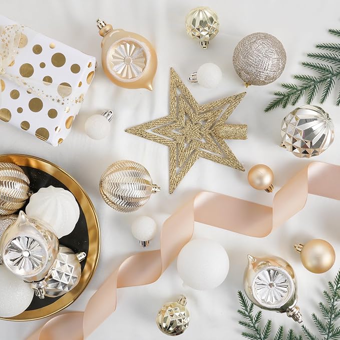XmasExp 99-Pack Christmas Ball Ornaments Assorted Shatterproof Christmas Tree Decorations with Hand-held Gift Package for Xmas Tree,Home,Party(Champagne Gold)