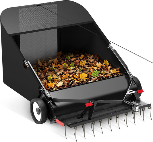 Suchtale 42" Tow Behind Lawn Sweeper with Dethatcher – 21 Cu. Ft. Leaf Collector with Adjustable Sweeping Height, Large Hamper Windscreen for Lawn, Yard, & Artificial Grass, Tractor/Mower Attachments