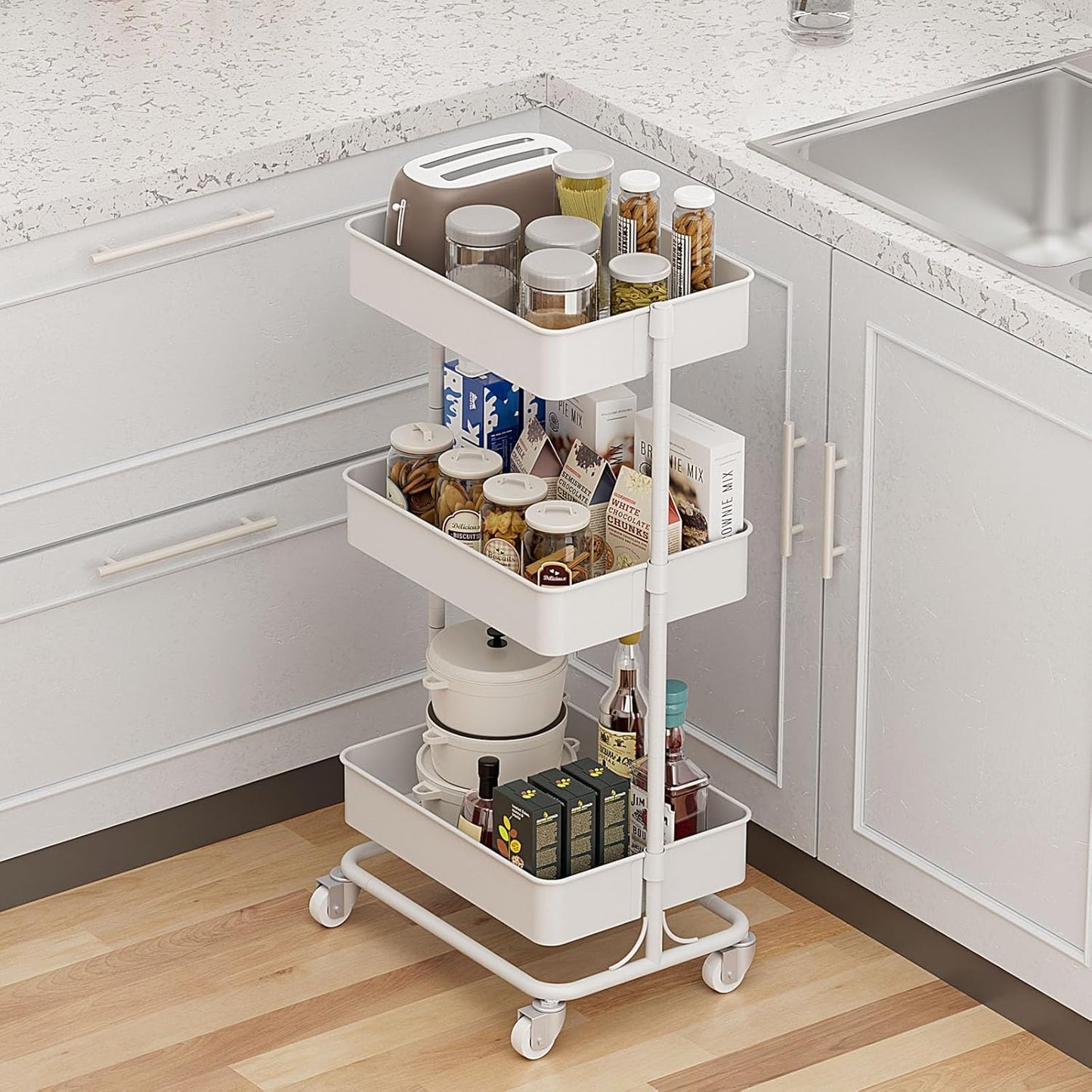 3 Tier Modern Metal Rolling Tool Cart with Silent Casters, 17.72×12.40×35.04 inch Heavy Duty Organization Truck Trolley Organizer for Office, Living Room, Kitchen, (White)