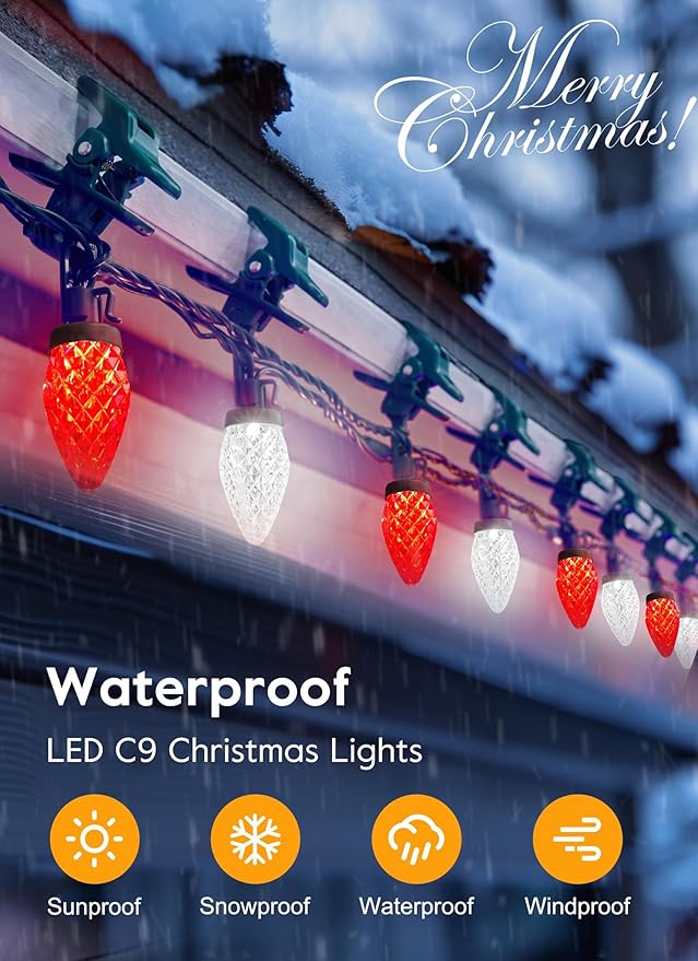 C9 LED Christmas Lights Outdoor, 68 Feet 100 LED C9 String Light with 100 Spring Clips, Waterproof Connectable Christmas Tree Lights for Outside Roofline Patio Home Xmas Decor, Red & Pure White