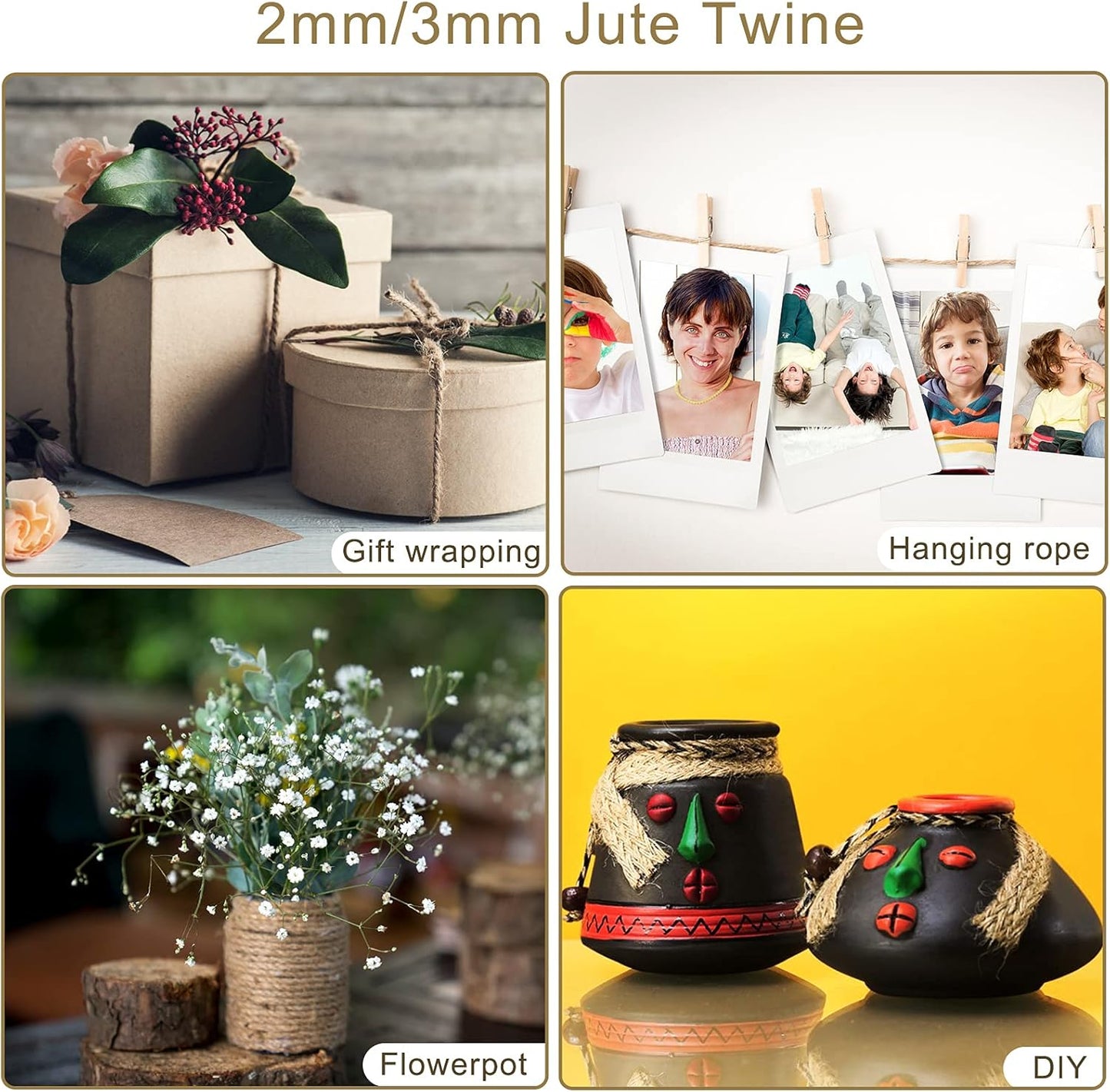 Natural Jute Twine Rope (1.5mm/2mm/3mm/6mm) Durable String for Handmde Crafts,Gardening Applications,Home Gardening,Cat Scratching Post,Gift Packaging... (3mm*328ft)