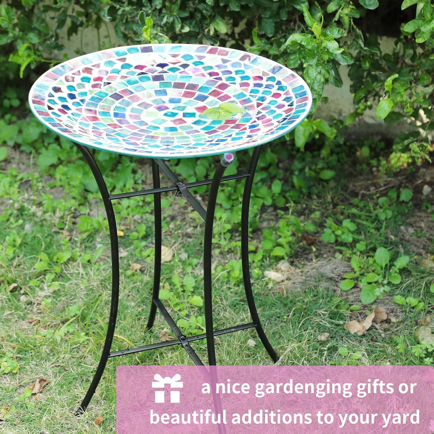 MUMTOP Mosaic Glass Bird Baths, 14 Inch Width Outdoor Garden Bird Bath Bowl with Metal Stand, Unique Glass Birdbaths Bird Feeder for Yard Decor, 19.68 Inch Height