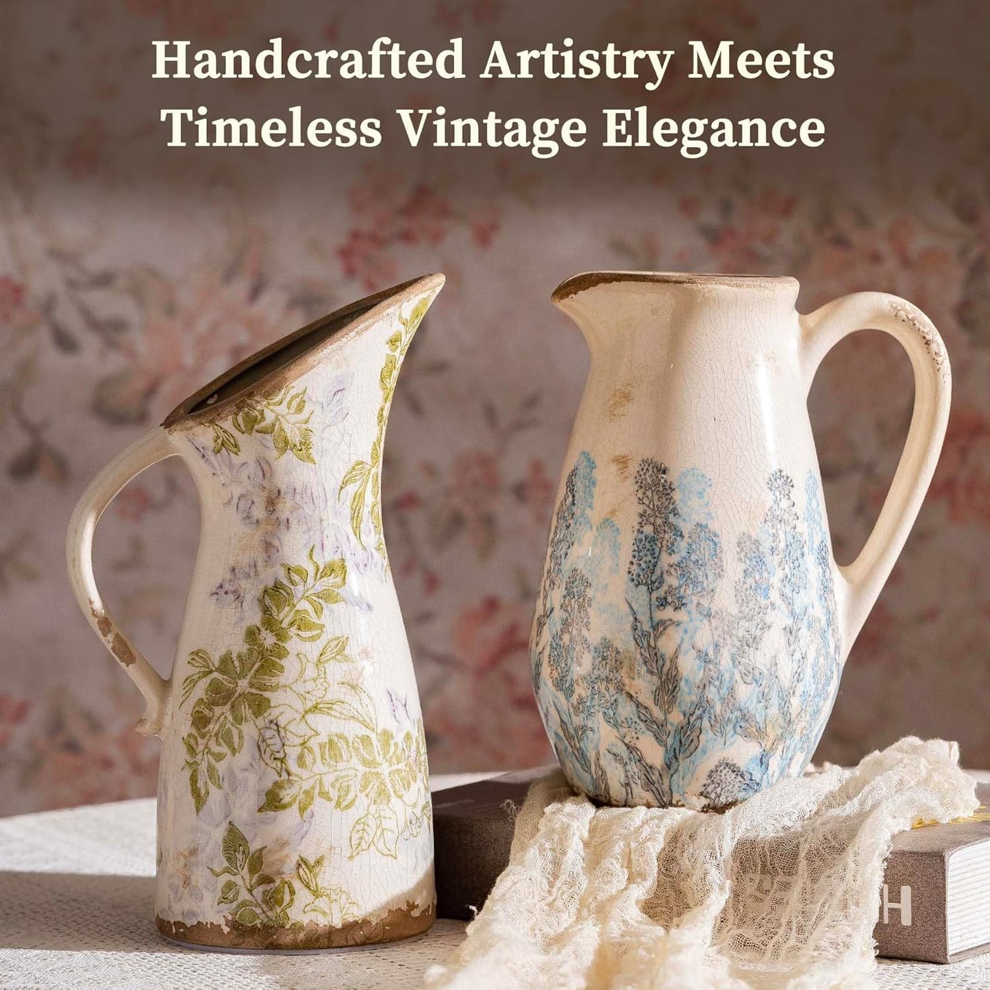 Vintage Ceramic Pitcher Vase with Handle, Farmhouse Green and Purple Large Floral Vases, French Country Decorative Vase, Rustic Table Centerpiece for Home Decor, Bookshelf, Office 10.5 Inch