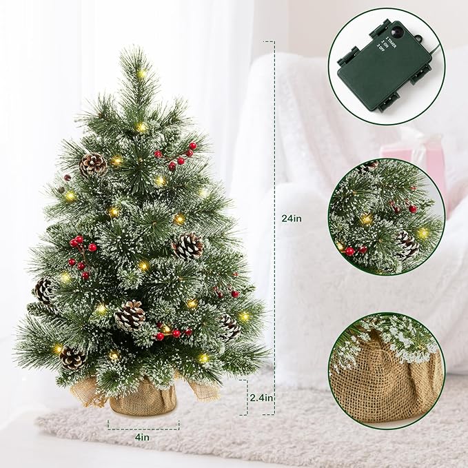 24" Mini Christmas Trees with Flocked Pine Needles, Pine Cones, Berries Decoration, 2 Ft Decorated Burlap Trees with 25 Led Lights, Kitchen Tabletop Artificial Pre Lit Christmas Tree