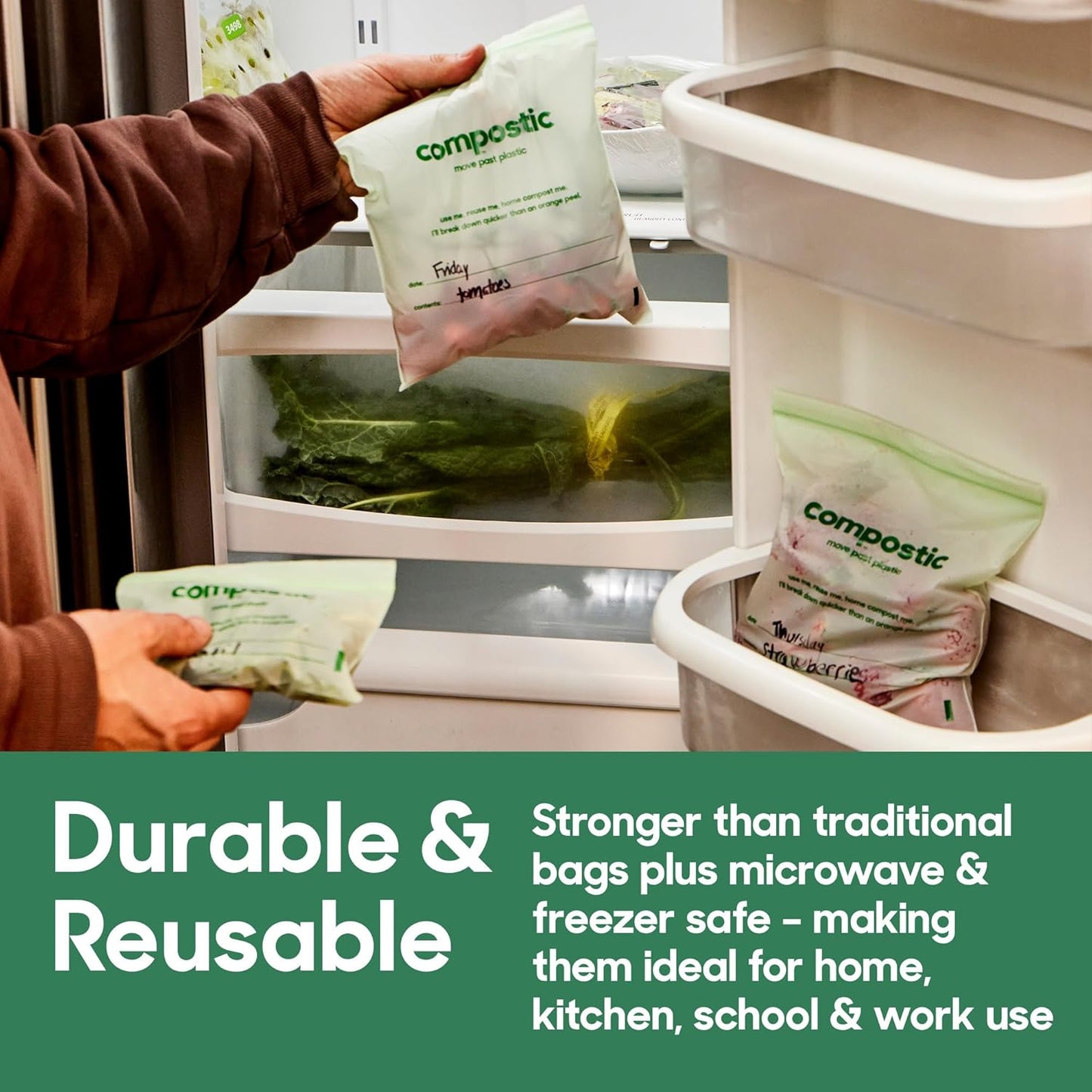 Home Compostable Resealable Sandwich Bags (7"x7"), Microwave & Freezer Safe, Organic Food Storage Container, 100 Count (Pack of 2)