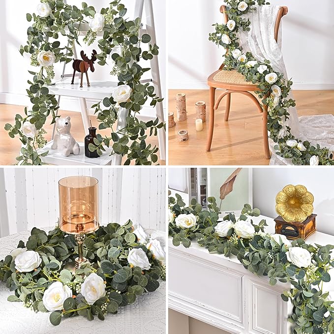 Dolicer 2 Packs 6.56Ft Eucalyptus Garland with Flowers - 8 White Roses, Artificial Flower Fake Rose Vine Faux Greenery for Wedding Backdrop Arch Table Wall Party Home Decor, Grey Green