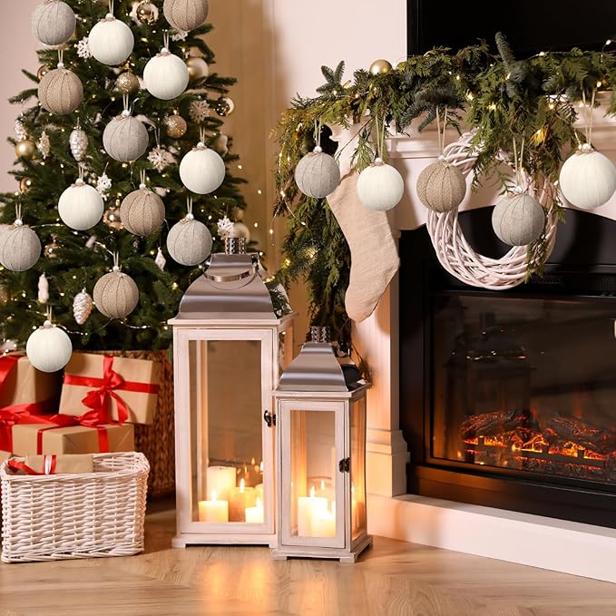 Syhood 24 Pcs Rustic Christmas Ball 2.36 Inch Neutral Farmhouse Christmas Tree Ornaments Shatterproof Hanging Burlap Fabric Textured Ball for Xmas Tree Party Garlands Wreath Home Decor