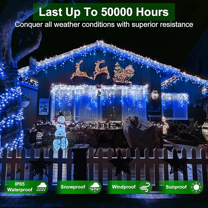 648 LED Outdoor Christmas Lights with 144 Drops, 66ft Christmas Fairy Lights with 8 Modes Timer, Twinkly Lights Waterproof for Indoor Outside Eaves Yard Holiday Wedding Party Decor Blue & CoolWhite