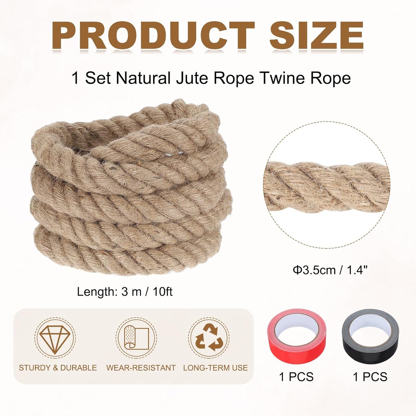 MECCANIXITY Jute Rope 1.4 Inch x 10ft, Thick Twine Rope Ropes Braided Jute Twine Natural Brown Burlap Cord String Heavy Twisted with Tapes for Decorative Crafts Railing Swing Tug of War
