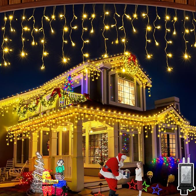 66ft LED Christmas Lights Outdoor with 140 Drops, Christmas Decorations Hanging Lights 490 LED 8 Lighting Modes, Outsite Fairy String Lights for House Xmas Wedding Party Holiday Decoration Warm White