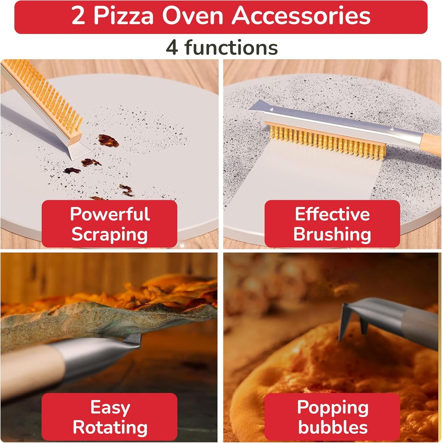 Pizza Oven & Stone Brush with Scraper, Turning Fork & Bubble Popper Bundle - Essential Accessories & Tools for Any Pizza Oven