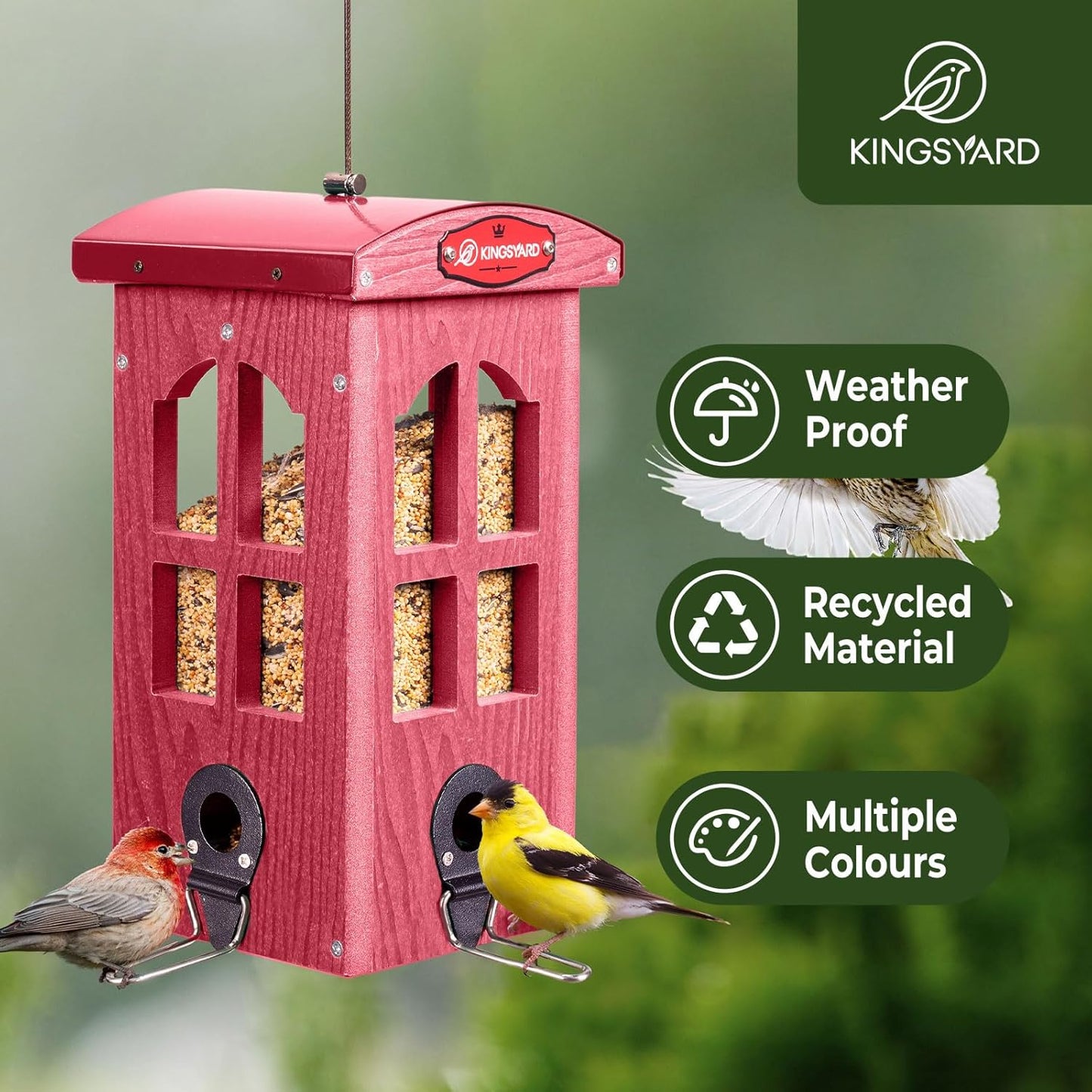 Kingsyard Upgraded Rainproof Bird Feeder for Outdoor Hanging - Metal Feeding Port, Recycled Plastic Wild Bird Feeder with Metal Mesh Tray for Goldfinch Small Bird, Garden Yard Decoration, Red