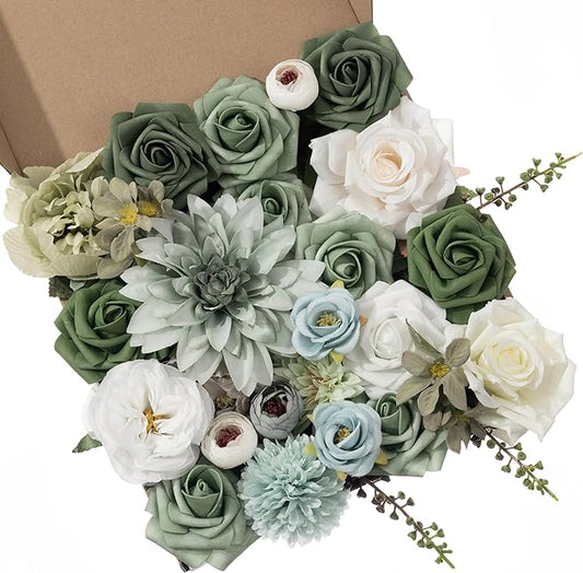 30 Pcs Artificial Flowers Combo Green Flowers Mix Silk Flowers Dahlia Roses with Stems for DIY Wedding Bridal Bouquets, Baby Shower, Floral Arrangement, Table Centerpieces, Home Decorations.