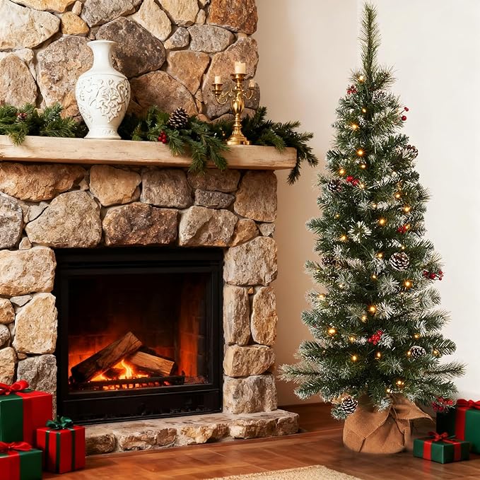 4ft Prelit Christmas Tree, Small Artificial Christmas Tree w/ 70 Warm White Lights, 122 Branch Tips, Easy Assembly, Xmas Decoration for Home, Office, Porch, Entryway, Holiday Party