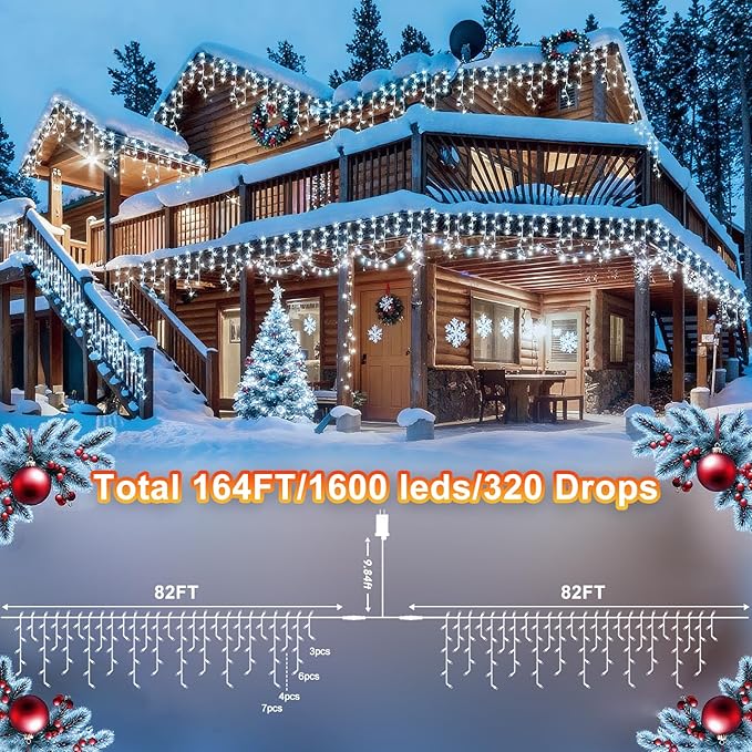 KNONEW 164FT 1600 LED Christmas Lights Outdoor Decoration White Timer 8Modes Hanging Fairy String Lights with 320 Drops, Plug in Waterproof Indoor Decor for Holiday Wedding Party Window Garden