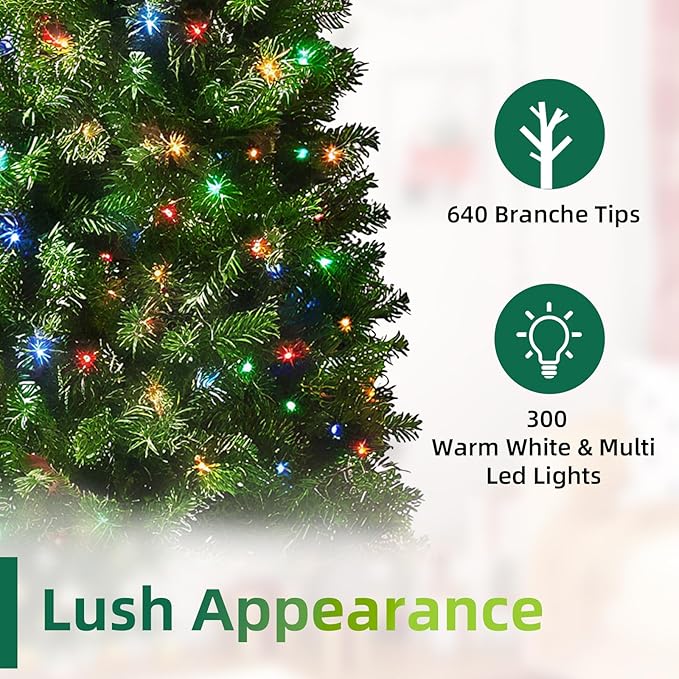 6.5ft Pre-Lit Slim Christmas Tree Douglas Fir with 162 PE& 478 PVC Branches, Hinged Sections & Metal Stand,300 Dual Color LED Lights with 10 Modes for Holiday Decoration