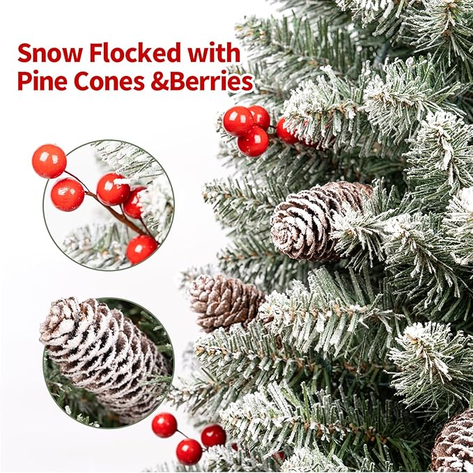 3FT Pre-lit Tabletop Christmas Tree, Mini Small Flocked Christmas Trees with 9 Modes LED Lights, Pine Cones & Berries, Battery Operated with Timer, for Home Office Desk Decor