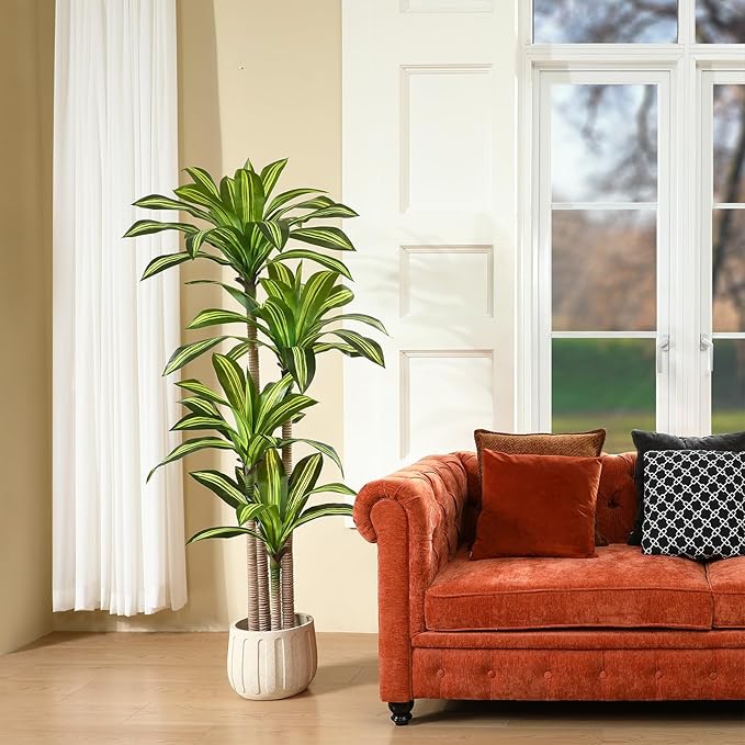 Artificial Plants, 6 Ft Dracaena Tree Faux Plants Indoor Outdoor Decor Fake Tree with Woven Seagrass Basket Plants for Home Decor Office Living Room Porch Patio Housewarming