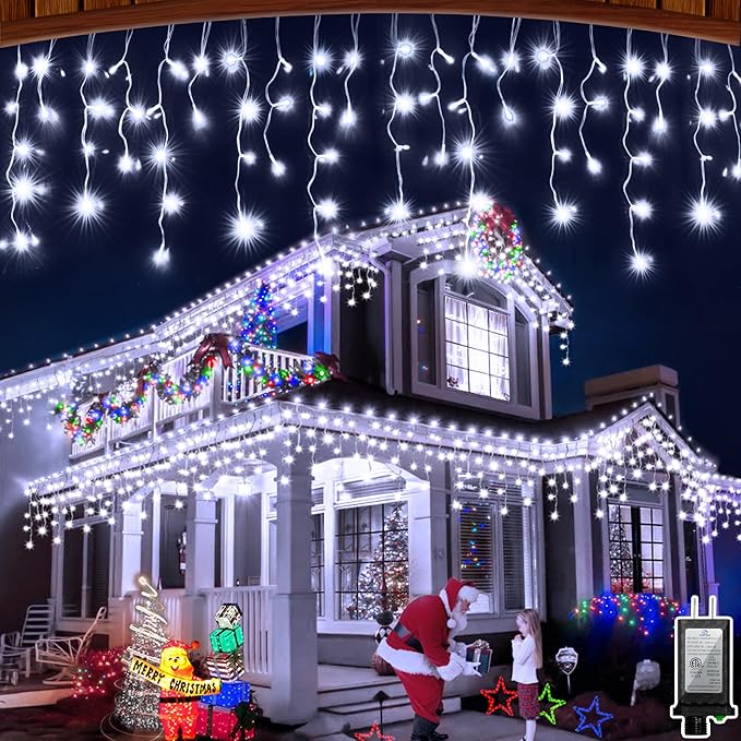 66FT LED Christmas Lights with 140 Drops, Outdoor Hanging Lights 490 LED 8 Modes, Outsite Fairy String Lights for Wedding Party Holiday Cool White