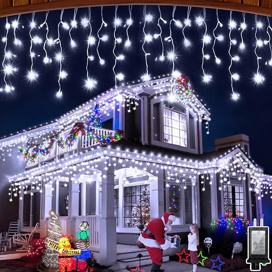 66FT LED Christmas Lights with 140 Drops, Outdoor Hanging Lights 490 LED 8 Modes, Outsite Fairy String Lights for Wedding Party Holiday Cool White