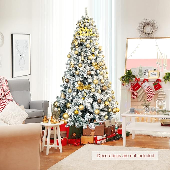 COSTWAY 7.5 FT Snow Flocked Christmas Tree, Artificial Holiday Hinged Pine Tree with 1010 Branch Tips, Solid Metal Stand, Premium Xmas Full Fake Tree for Home, Office, Party Decoration