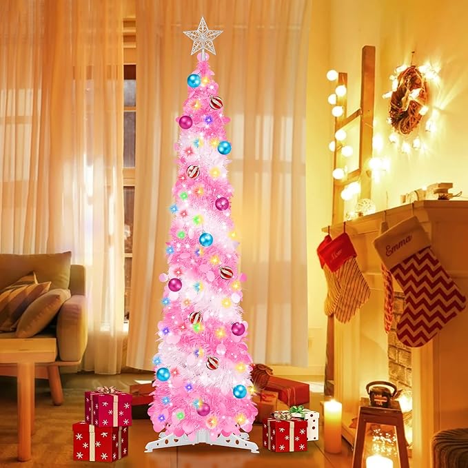 5FT Pop Up Christmas Tree with Timer 60 Warm White & Multi Color Fairy Light 3D Star 15 Ball Ornament, Pink White Tinsel Christmas Tree Slim Pencil Xmas Tree Home Office Holiday Decor Indoor Outdoor