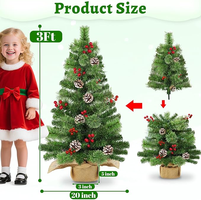Timer - 3FT Christmas Tree with Lights, Real Touch Small Table top Christmas Tree 50 Warm White LED,100 Smoky Pine Branches Pinecone Berry,Burlap Base Artificial Mini Cedar Xmas Tree Indoor Home Decor